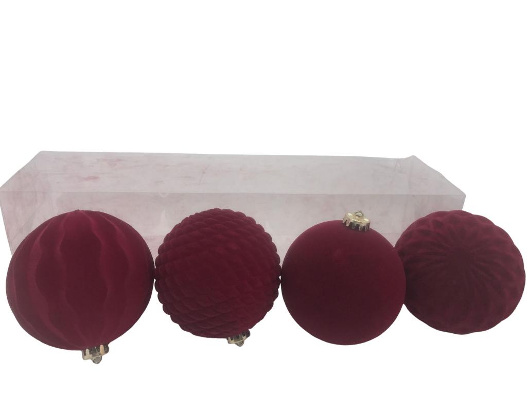 PALLE NATALIZIE 4 PZ EFFETTO VELLUTO BORDEAUX IN PLASTICA D.12 CM DESIGN ASSORTITI ART.03116 - PALLE NATALIZIE 4 PZ EFFETTO VELLUTO BORDEAUX IN PLASTICA D.12 CM DESIGN ASSORTITI ART.03116 -