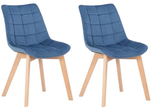 SEDIE DA PRANZO SET DI 2PZ IMBOTTITE IN VELLUTO BLU SCHIENALE ALTO GAMBE IN FAGGIO NATURALE