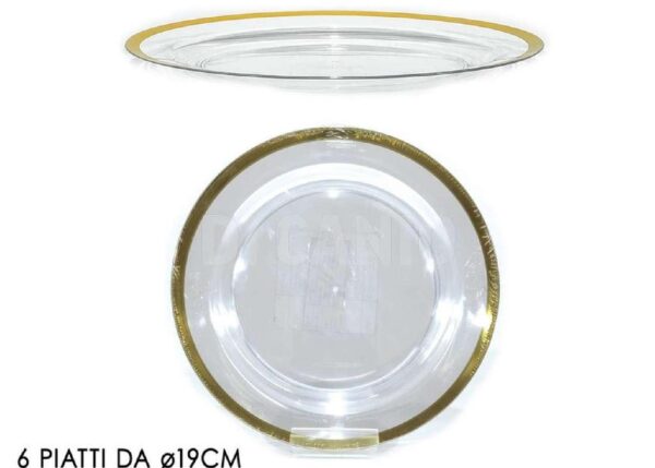SET PIATTI 6 PZ 9CM TRASPARENTI C/BORDO ORO ART.491821