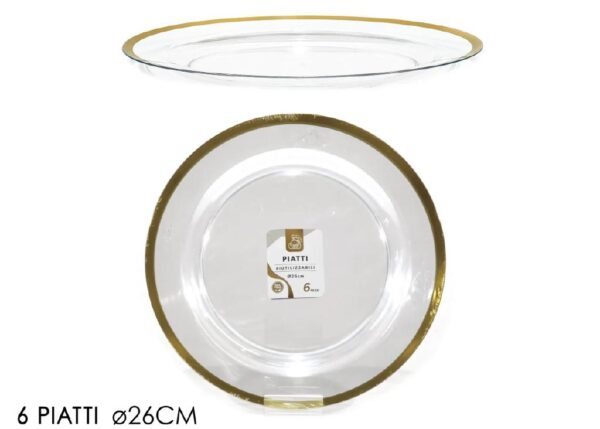 SET PIATTI 6 PZ 6CM TRASPARENTI C/BORDO ORO ART.491822