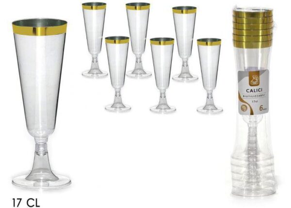 SET CALICI 6 PZ 17CL TRASPARENTI C/BORDO ORO ART.491833