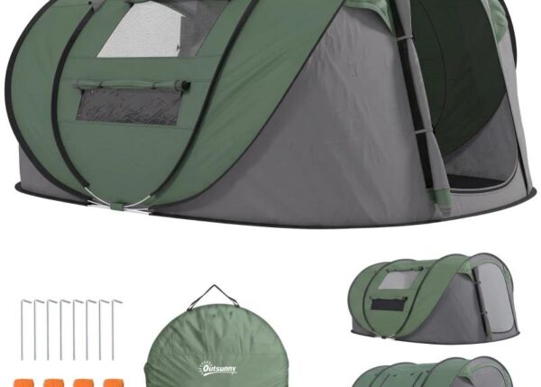 TENDA DA CAMPEGGIO POP UP 3 POSTI CON 2 PORTE, 4 FINESTRE E TELO RESISTENTE ALL'ACQUA, 263.5X220X123 CM, VERDE SCURO