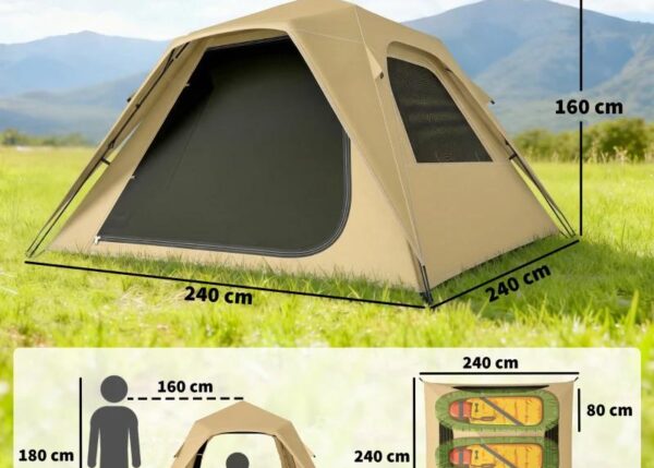 TENDA OUTSUNNY DA CAMPEGGIO POP-UP PER 2-3 PERSONE CON FINESTRE IN RETE E BORSA, 240X240X160 CM, CACHI